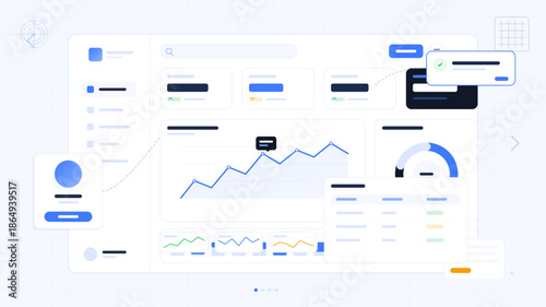 Data dashboard shows analytics and graphs for performance tracking and monitoring user activity in a digital environment