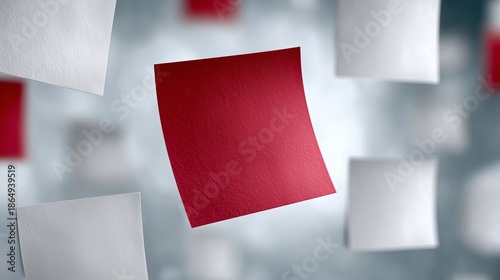 Visual metaphor showing single red note contrasting amid sea of white notes within business context