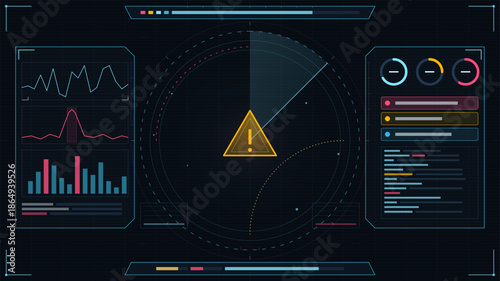 Digital display shows warning sign with data charts and indicators on a dark background during a monitoring session