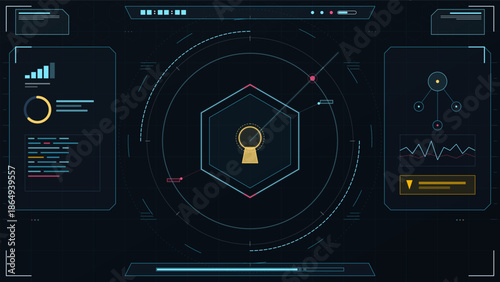 Advanced data security interface showing metrics and a keyhole on a digital display with analytics and graphs