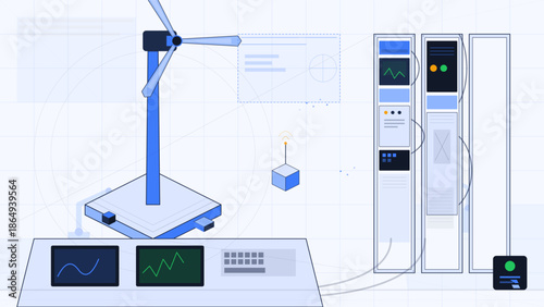 Wind energy system with wind turbine, data monitors, and graphical displays in a modern workspace