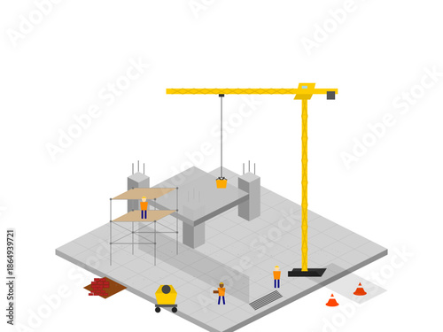 Construction site with workers, crane, tools, and equipment at site during daylight