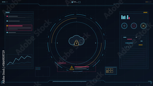 Data security system shows cloud lock and warning signal with various charts and icons on dark screen