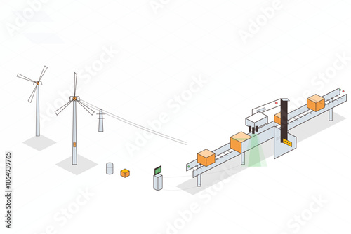 Wind energy setup includes wind turbines and power equipment at an outdoor site during daylight