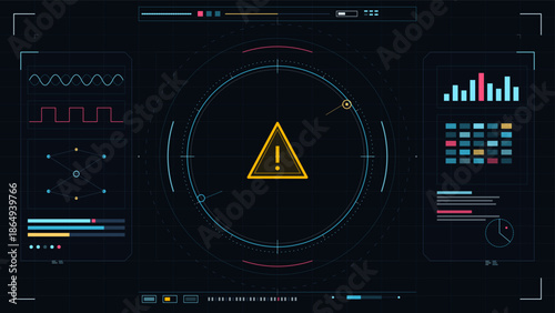 Warning alert on a dark screen with various data visualizations and signals displayed in a digital interface