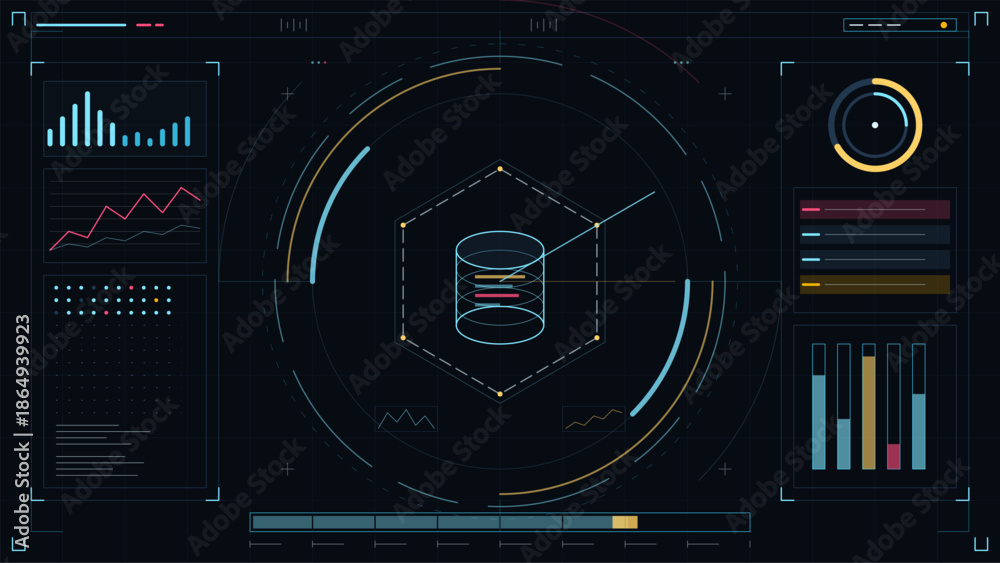 Fototapeta premium Data visualization showing graphs and charts on a digital interface in a dark theme with colorful elements