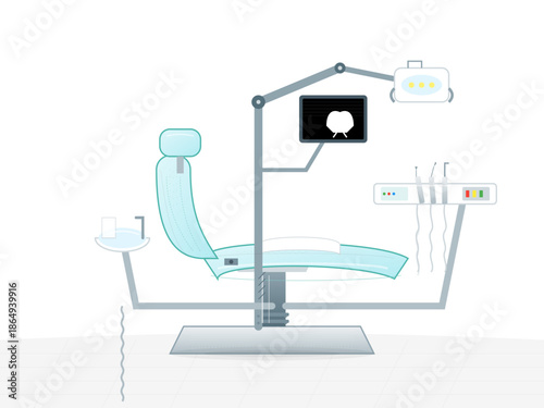 Modern dental clinic setup with dental chair, light, and monitor for patient treatment in a white environment