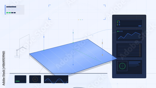 Visualization of data on a digital screen with charts and graphs depicting analysis of information