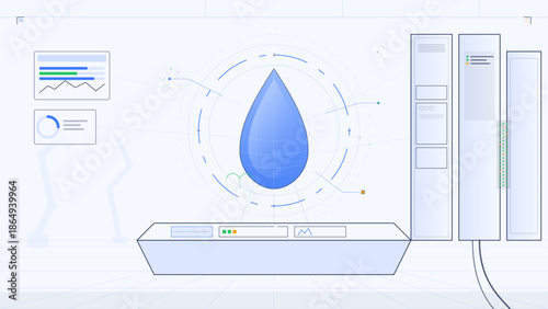 Display of a blue droplet on a digital screen with data visualizations and controls in a modern workspace setting