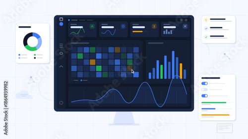 Dashboard displays data analysis with charts and graphs in a modern layout during daytime hours