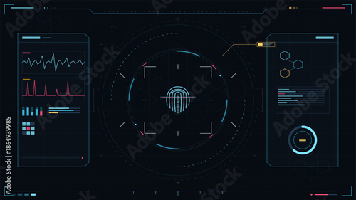 Display of biometric data with fingerprint scan and graphs on a digital interface screen in modern design