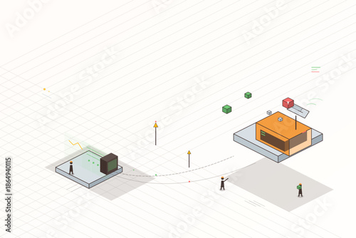 People interact with buildings and zones in a digital space showing connections and pathways designed for movement and activity