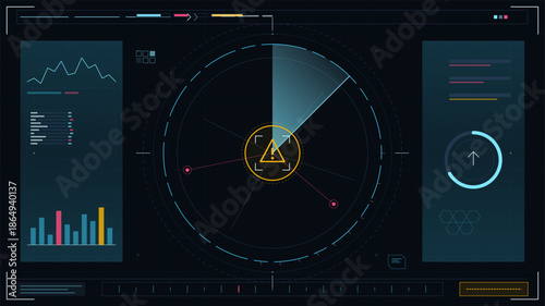 Data visualization showing circular chart, graphs, and metrics in a digital interface at a research facility during daytime