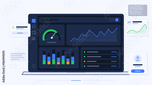 Data dashboard displays various metrics and trends with charts and graphs on a modern interface