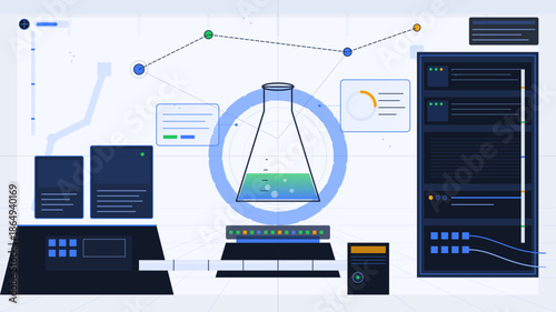 Visual representation of a scientific research setup with data analysis and experiments in a laboratory environment
