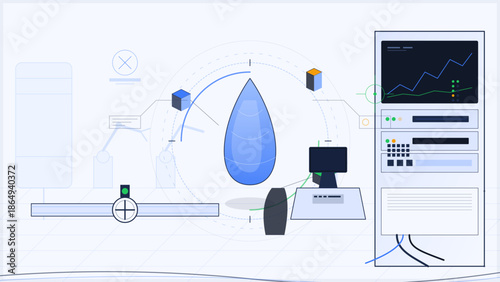 Data visualization with graphs and shapes on a digital screen in a workspace showing analysis of water usage or resources displayed