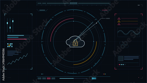 Cloud security interface displaying data protection measures with visual graphs and alerts in a digital setting