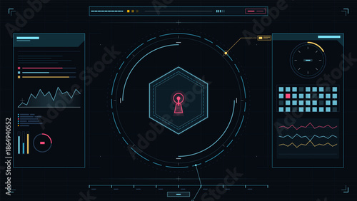 Digital display shows security system with analytics and an interactive dashboard for monitoring