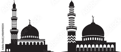 Black silhouette of a grand mosque with a tall minaret and large dome, isolated architectural element for Islamic religious designs and prayer.