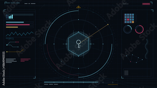 Digital interface displays data readings and metrics for an unknown system while highlighted elements point to specific values and warnings