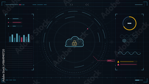 Digital interface displays cloud security data and analytics on a dark screen with various graphical elements