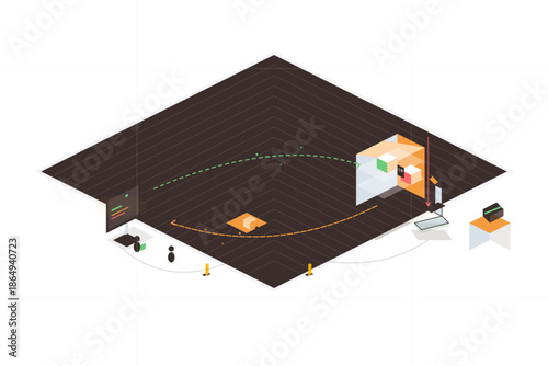 3D layout showing tracking system for indoor navigation using various sensors and devices in a room environment