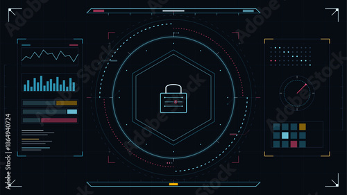 Security dashboard with data visuals displayed on a dark background for monitoring system status and network protection