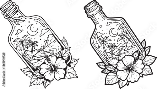 Illustration of a tropical beach landscape inside a glass bottle decorated with a hibiscus flower, message in a bottle summer travel concept.