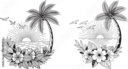 Two circular tropical island illustrations with palm trees, setting sun, and floral borders, summer paradise vacation and travel concept.