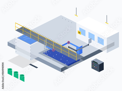 Water treatment facility showing filtration process and equipment at work during operational hours