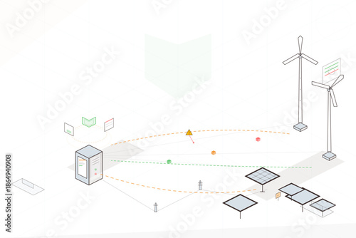 Diagram showing the setup and connection of solar panels and wind turbines in a renewable energy system