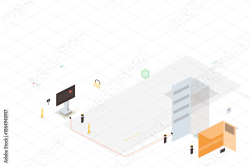 Design layout of a modern workspace with screens, furniture, and safety cones in a large area during daytime