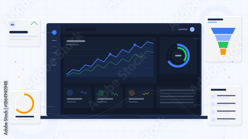 Data analysis dashboard showing trends and charts for business performance metrics over time and various data points