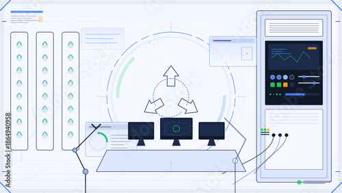 Computer network setup with monitors and data flow between devices in a high-tech environment