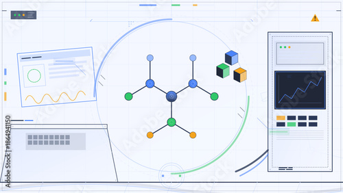 Data analysis on a workspace with graphs, charts, and a molecular structure shown on a screen during daytime