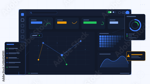 Dashboard displays analytics and data visualization tools on a dark background with various graphs and charts in the workspace