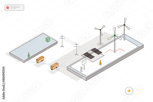Wind turbines and solar panels are part of renewable energy setup with people and vehicles working on the site