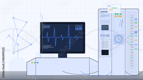 Medical equipment shows heart rate data on screen with data points captured during analysis in a lab setting