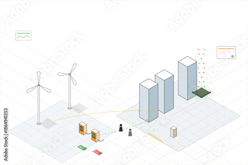 Wind energy system showing turbines, buildings, and people involved in data exchange at a renewable energy site