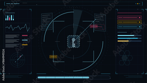 Digital interface displaying technology data and information about a microchip in a dark theme with graphs and charts
