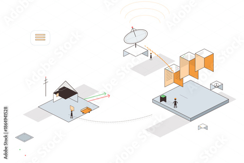 Connecting devices in a digital network setup with various components and activities shown during the day