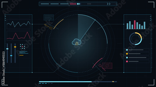 Data analysis dashboard shows metrics and statistics with graphs on dark background during digital project review