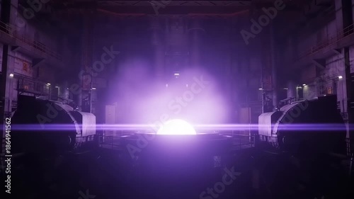 Futuristic reactor emitting purple light in industrial space