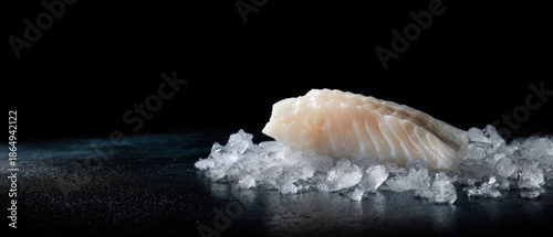 Raw white fish fillet on crushed ice against dark background, close-up side view