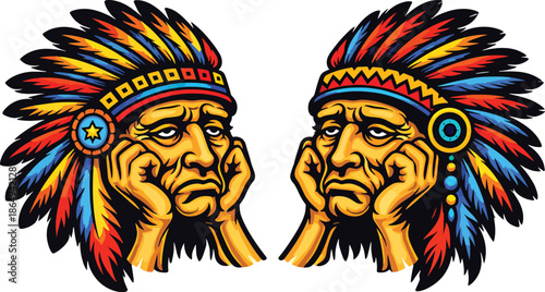 Sad Native American Chiefs with Feather Headdresses – Emotional Tribal Portrait Vector Illustration