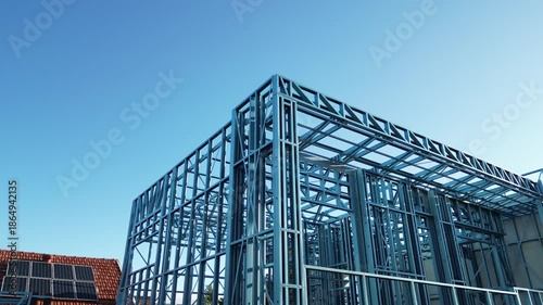 Steel frame house under construction, modern residential building site
