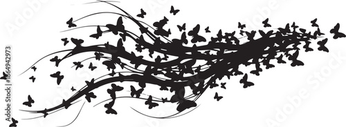 Flying Butterflies Silhouette Vector, Abstract Butterfly Swarm on White Background.