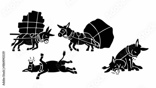 Vector collection of black donkey silhouettes depicting working animals hauling heavy loads and resting poses.