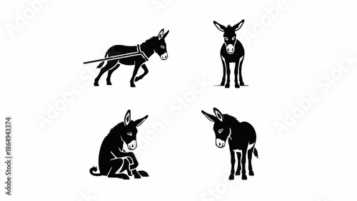 Black and white donkey silhouette set including a working harness, sitting pose, and standing views.