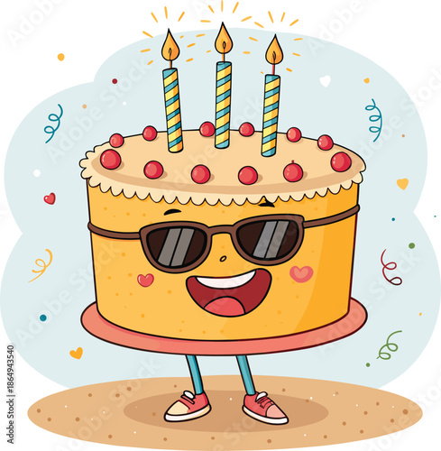 Cheerful anthropomorphic birthday cake wearing sneakers and sunglasses standing on sandy ground